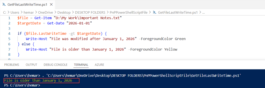 check if a file LastWriteTime is greater than a particular date using powershell