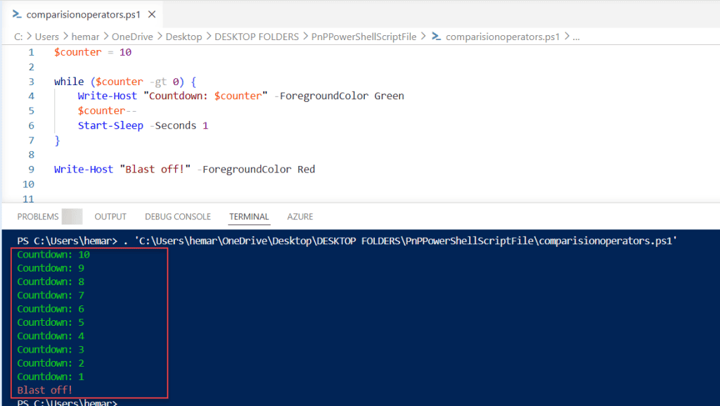 powershell command greater than 0 in loops