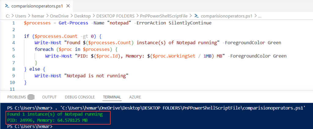 powershell command greater than