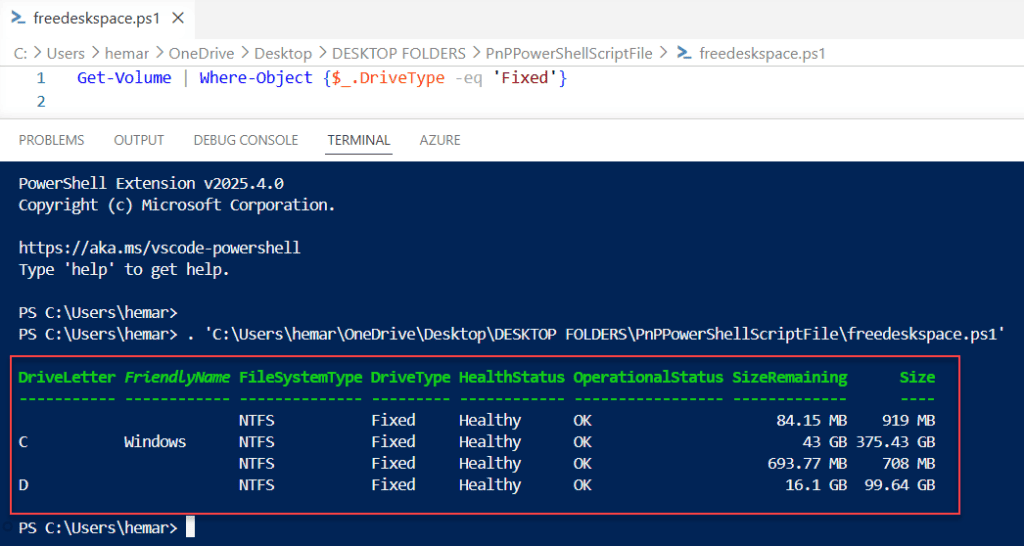 powershell get disk space in gb