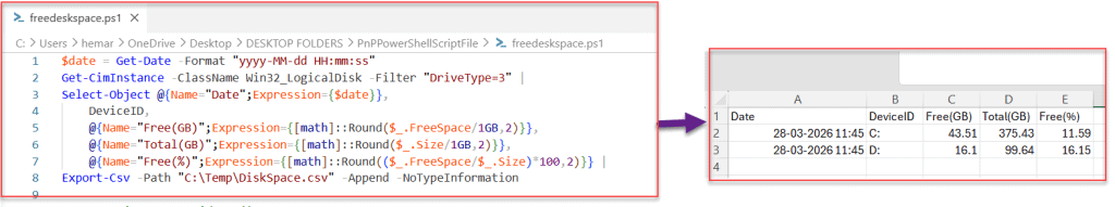 powershell get disk space percentage log
