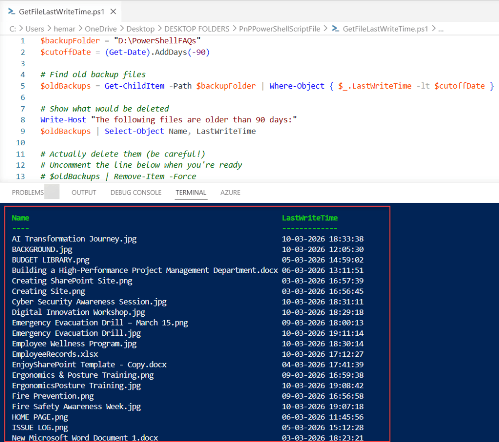 powershell get last 90 days modified files in directory