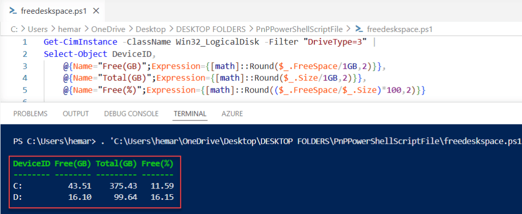 powershell getting free disk space as a percentage