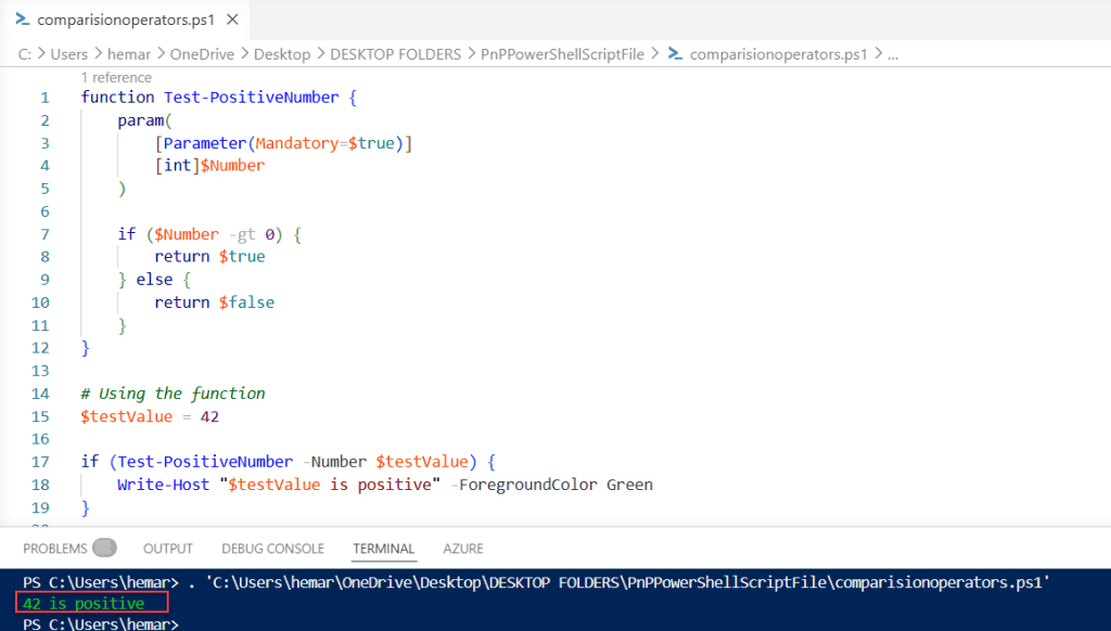 powershell greater than operator comparing against zero in functions