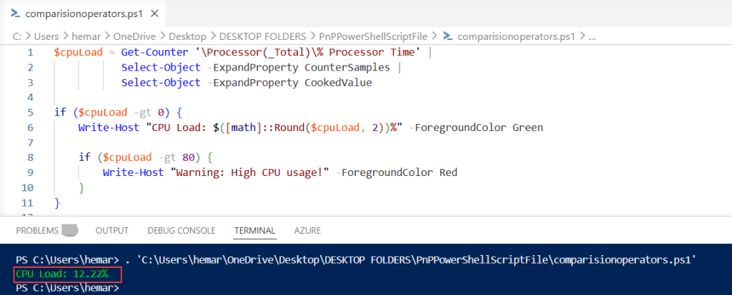 powershell greater than operator working with performance counters