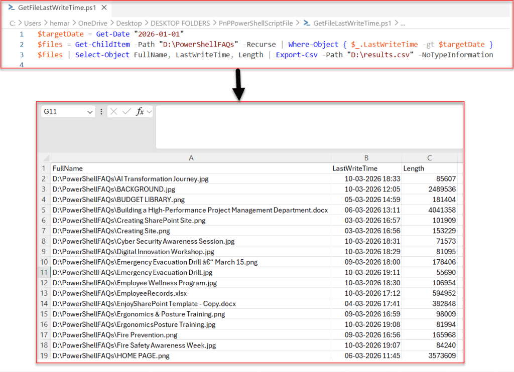 powershell script to get report if file modified in a target date
