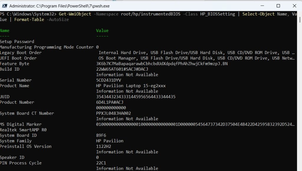 PowerShell Get HP BIOS Settings