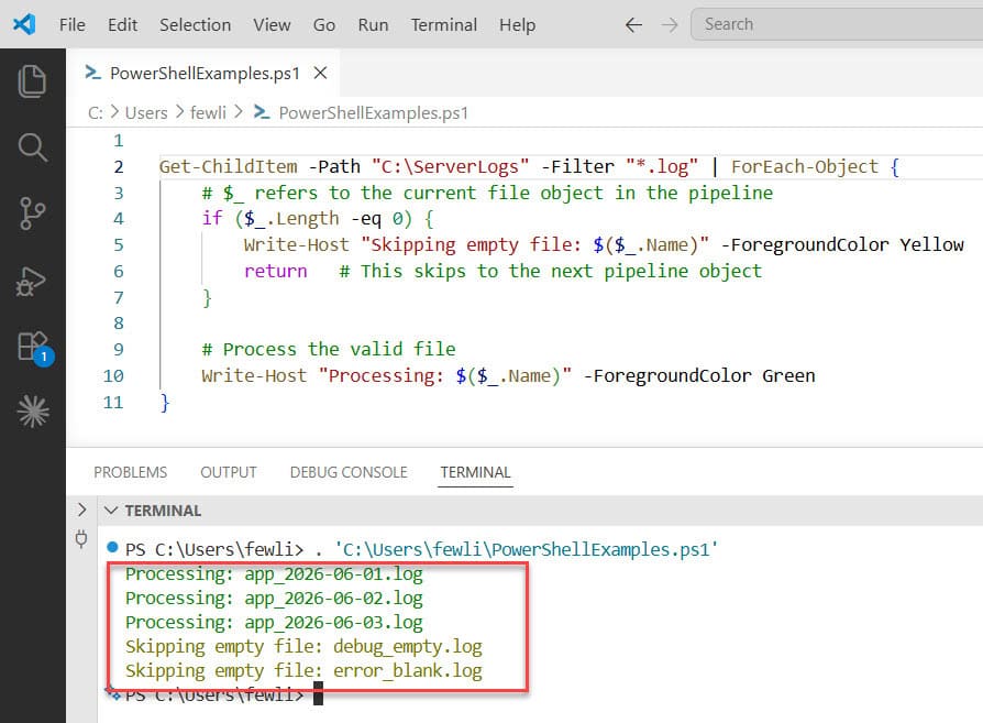 Skip to Next Item in PowerShell ForEach Loop example