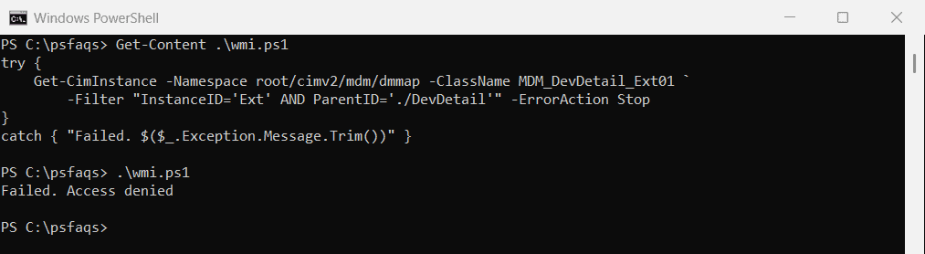 Autopilot hardware hash WMI class access denied without administrator rights