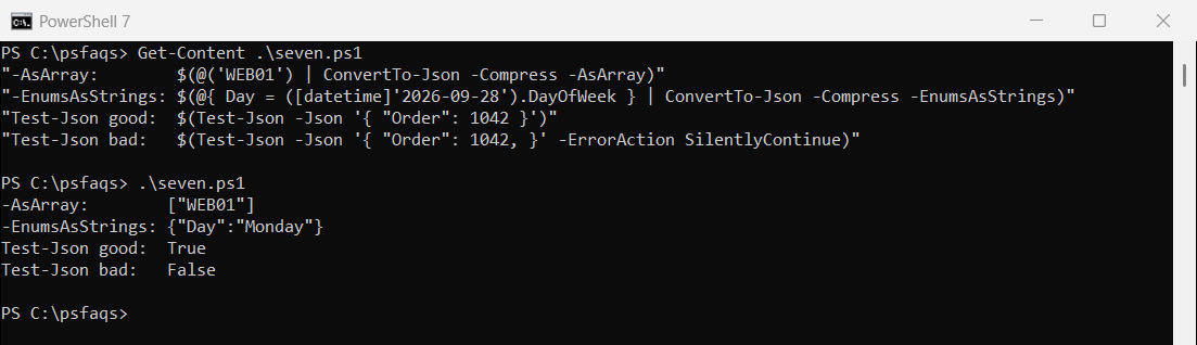 PowerShell 7 ConvertTo-Json -AsArray, -EnumsAsStrings and Test-Json