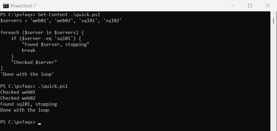 PowerShell break out of a foreach loop