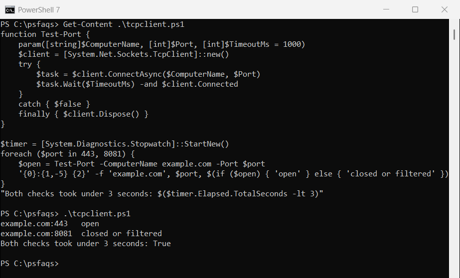 PowerShell check if port is open with TcpClient and a timeout