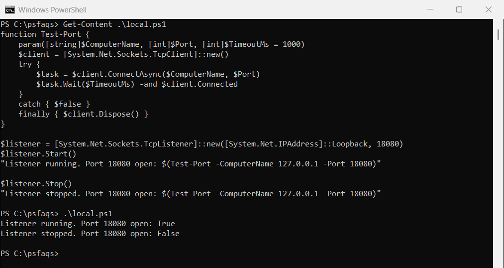 PowerShell check if a local port is open with a TcpListener