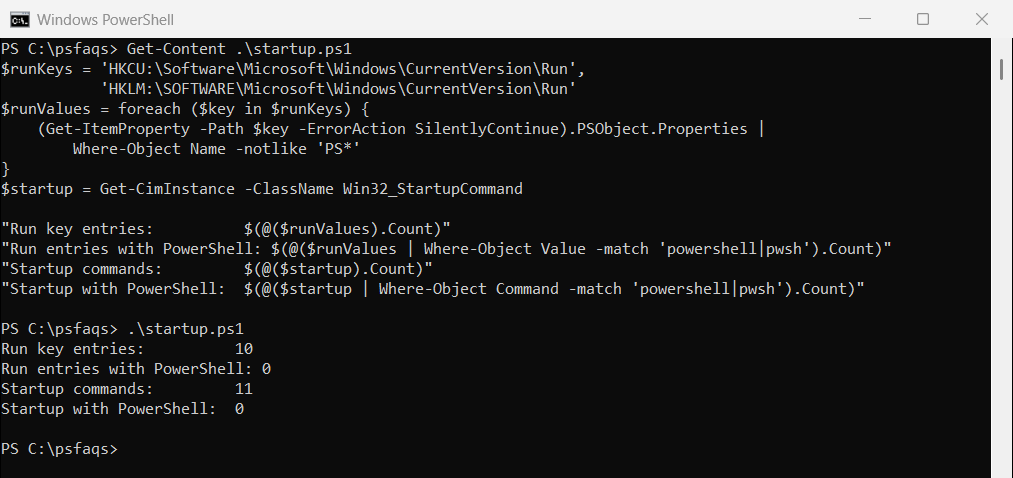 PowerShell check startup commands and Run keys for PowerShell