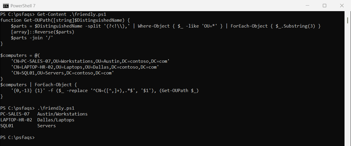 PowerShell convert a distinguishedName to a readable OU path