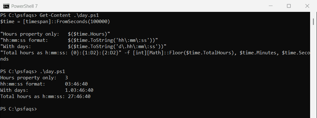 PowerShell convert seconds to hours when the total is over 24 hours
