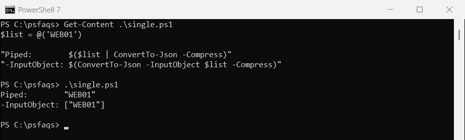 PowerShell ConvertTo-Json single item array piped vs InputObject