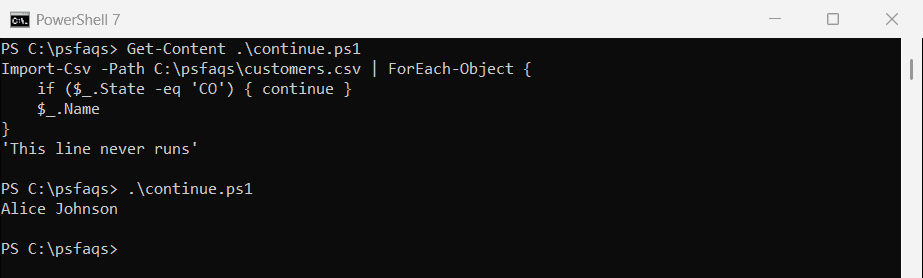 PowerShell continue inside ForEach-Object stops the whole script