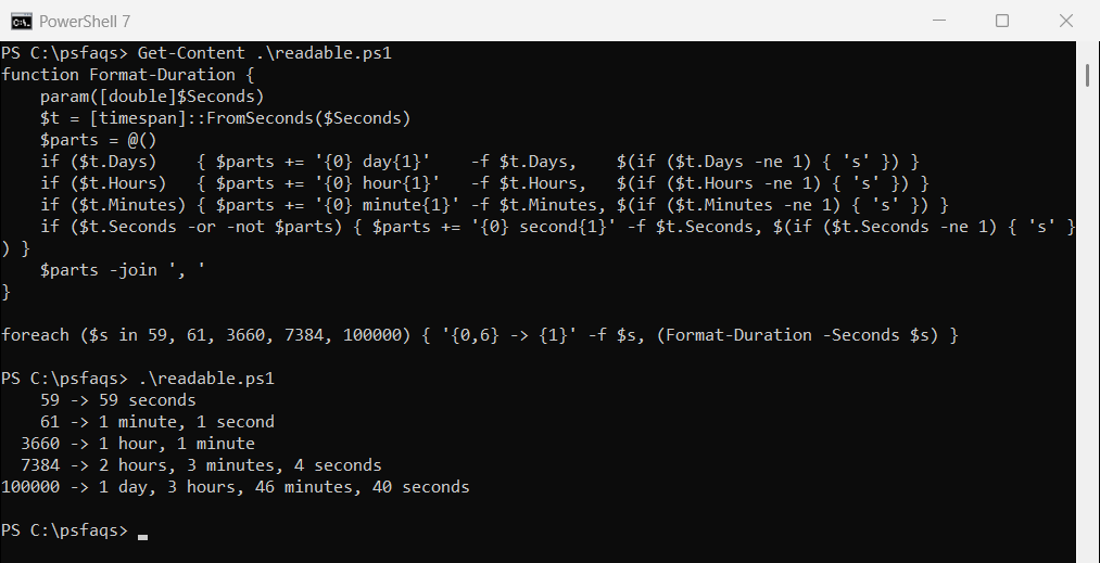 PowerShell format seconds as a readable duration