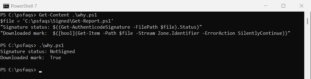 PowerShell Get-AuthenticodeSignature NotSigned and Zone.Identifier download mark