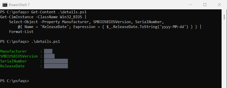 PowerShell Get-CimInstance Win32_BIOS version, serial number and release date