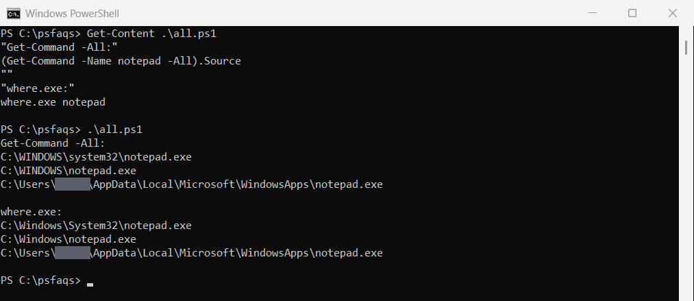 PowerShell Get-Command -All vs where.exe
