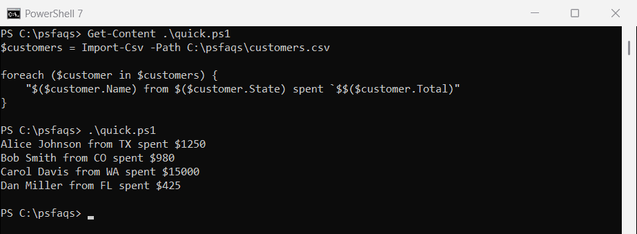 PowerShell Import-Csv with a foreach loop over each row
