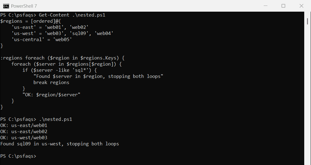 PowerShell labeled break to exit nested foreach loops