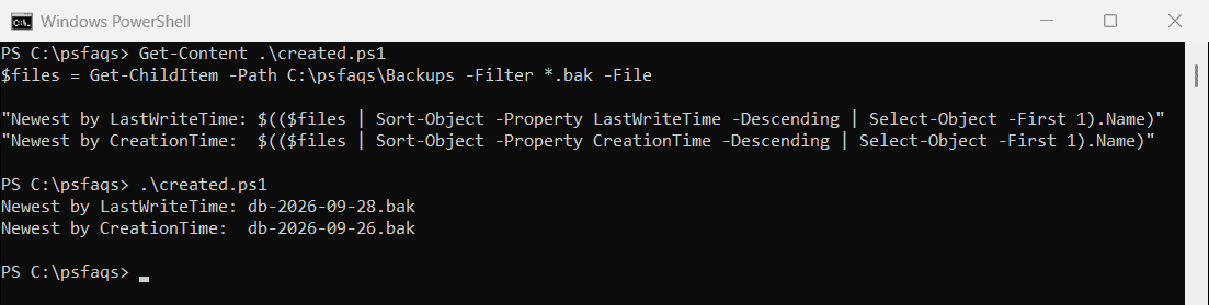 PowerShell newest file by LastWriteTime vs CreationTime