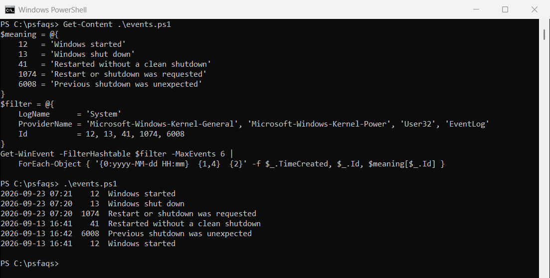 PowerShell reboot and shutdown history from the System event log