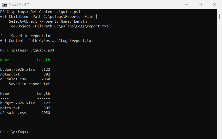 PowerShell Tee-Object shows output in the console and saves it to a file
