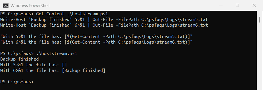 PowerShell Write-Host saved to a file with 6>&1, not 5>&1