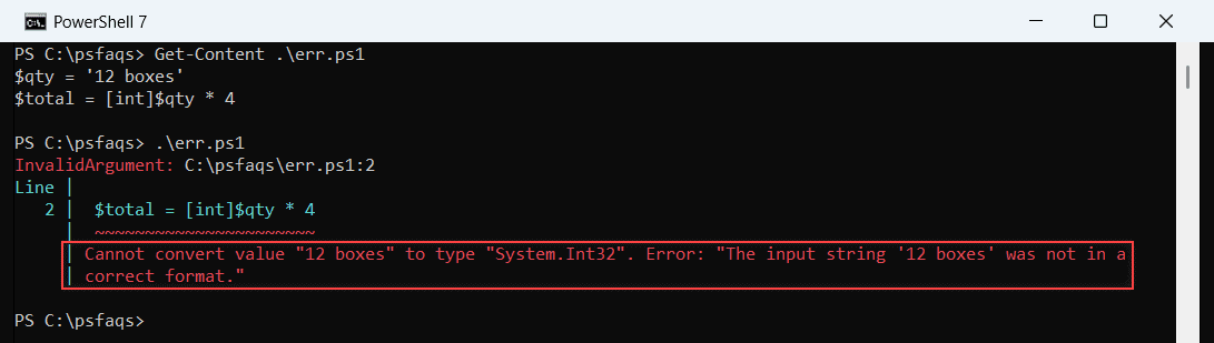PowerShell 7 console showing Cannot convert value 12 boxes to type System.Int32 with InvalidArgument