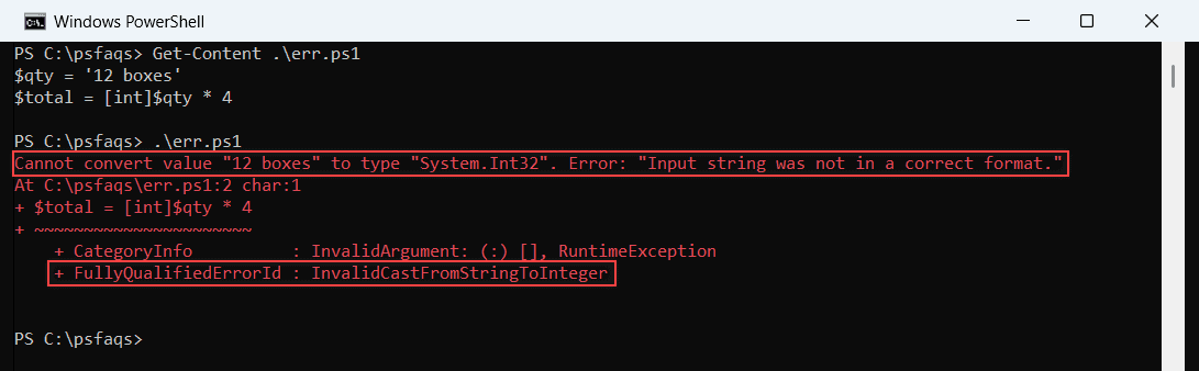 Windows PowerShell 5.1 console showing Cannot convert value to type System.Int32 and InvalidCastFromStringToInteger