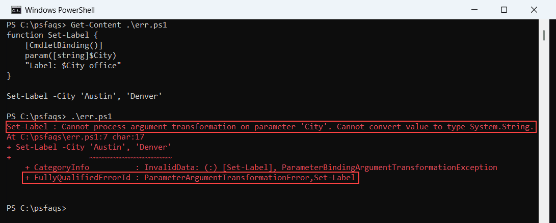 Windows PowerShell 5.1 console showing Cannot convert value to type System.String with ParameterArgumentTransformationError