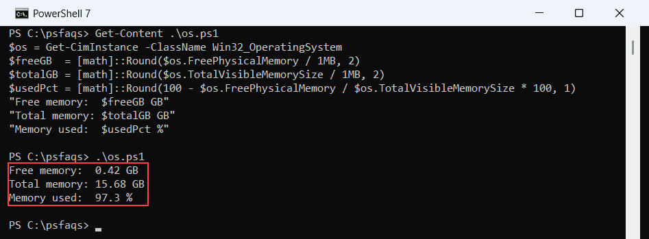 PowerShell 7 console showing free memory, total memory and percent used from Win32_OperatingSystem