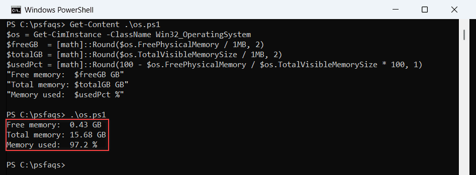 Windows PowerShell 5.1 console showing the same free memory script output