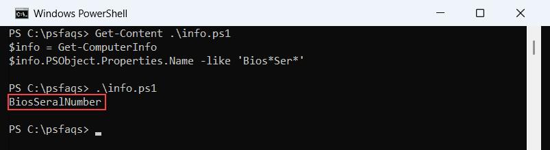 Get-ComputerInfo in Windows PowerShell 5.1 showing the BiosSeralNumber property