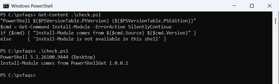 Get-Command Install-Module in Windows PowerShell 5.1 shows PowerShellGet 1.0.0.1