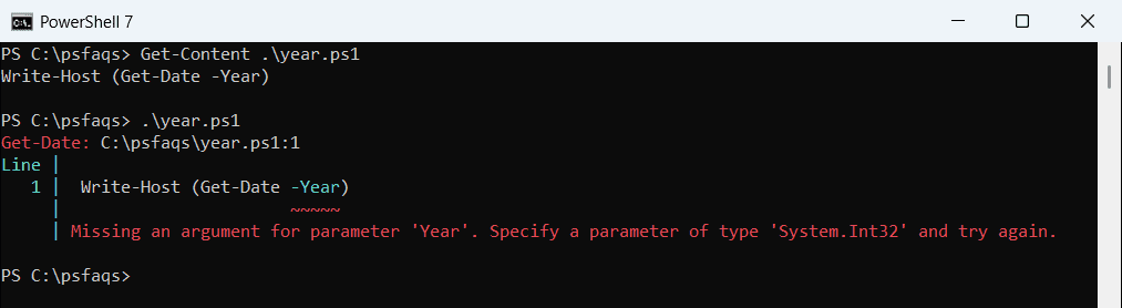 PowerShell 7 Write-Host (Get-Date -Year) fails with Missing an argument for parameter Year System.Int32