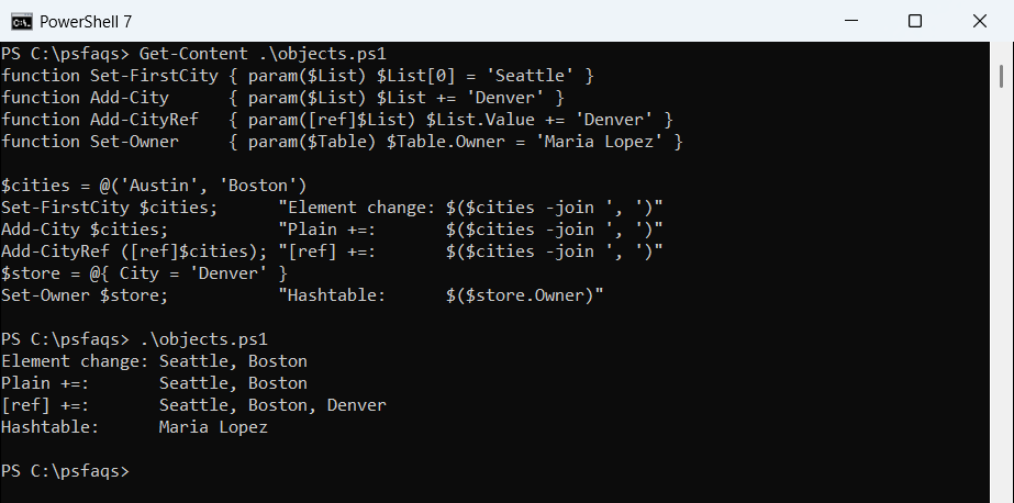 PowerShell 7 function changes array element and hashtable key by reference but plain += does not persist