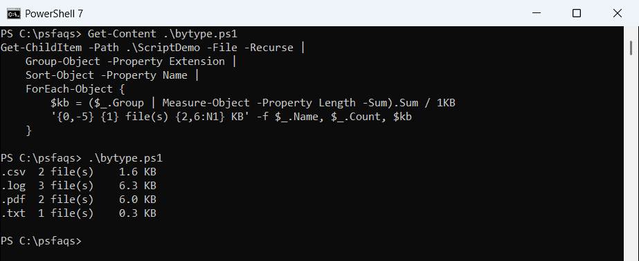 PowerShell 7 script that reports folder size grouped by file extension