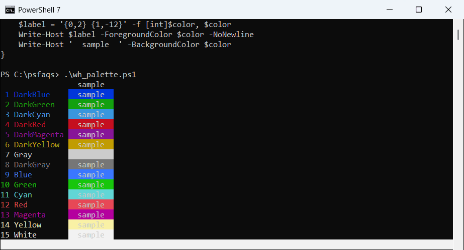 PowerShell 7 Write-Host prints all 16 ConsoleColor values from Black to White as text and background
