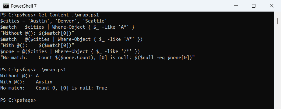 PowerShell array subexpression @() fixes a null array and a single string result