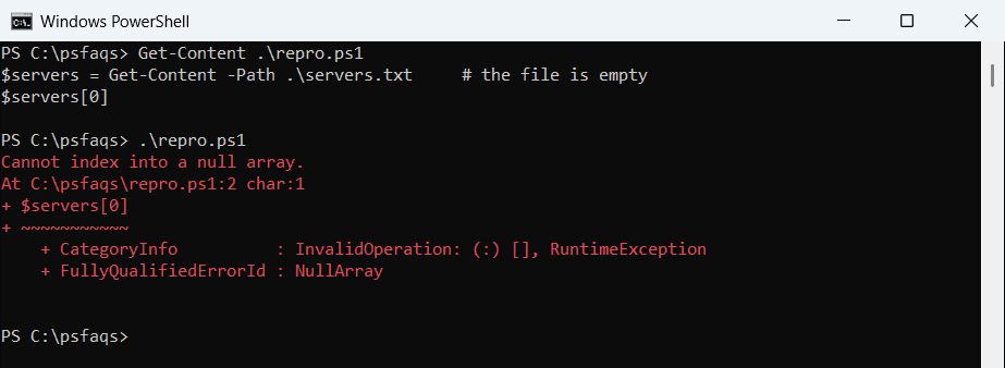 PowerShell Cannot index into a null array error in Windows PowerShell 5.1