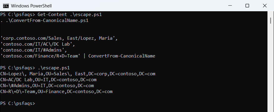 PowerShell canonical name with a comma converted to an escaped DN