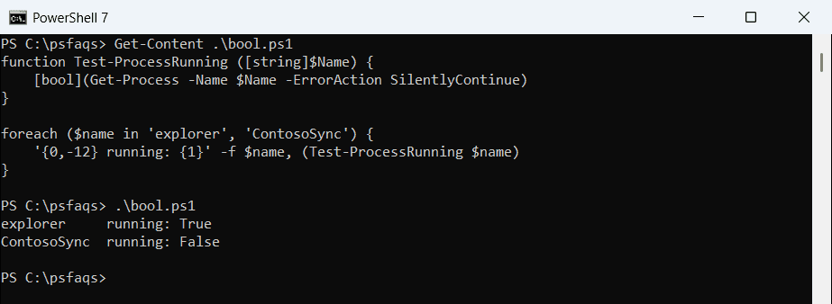 PowerShell check if a process is running and return True or False