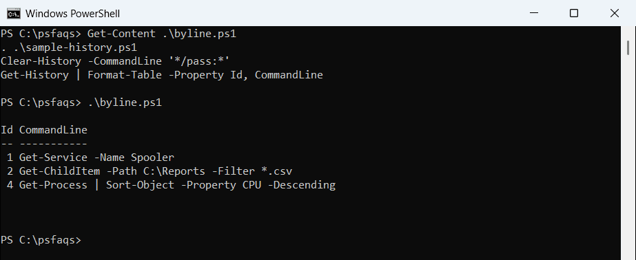 PowerShell Clear-History -CommandLine removing a command