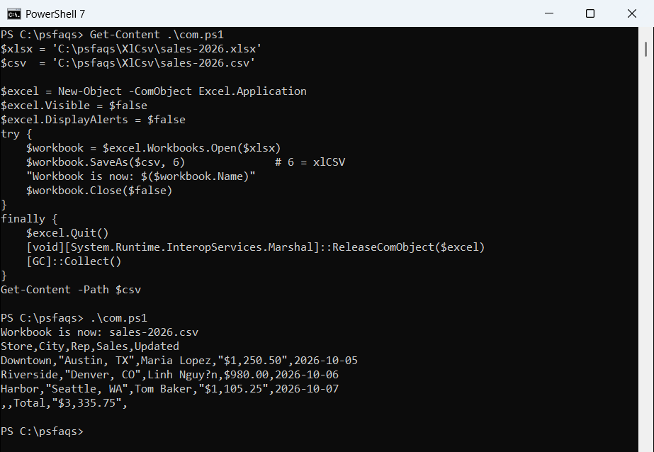 PowerShell convert Excel to CSV with Workbook.SaveAs format 6