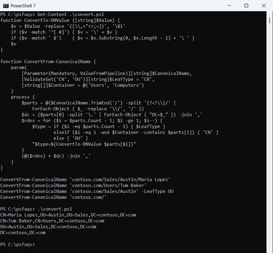PowerShell ConvertFrom-CanonicalName function output